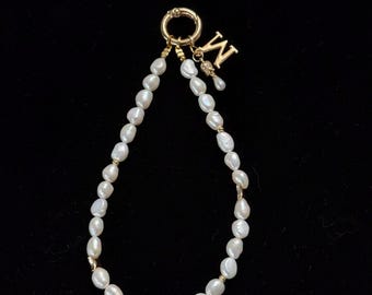 Custom Initial Freshwater Pearl Phone Charm: Personalized Baroque Pearl Wrist Strap