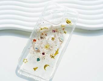 Handmade Galaxy Phone Case: Crystal Rhinestones, Gold Glitter