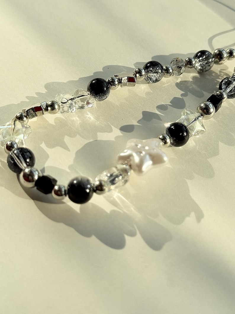 Black Star Phone Charm: Personalized Natural Shell Letters, Beaded Wrist Strap image 8