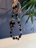 Black Beaded Phone Charm: Velvet Cat Pendant, Crystal Strap, Bag Charm