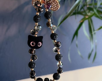 Black Beaded Phone Charm: Velvet Cat Pendant, Crystal Strap, Bag Charm