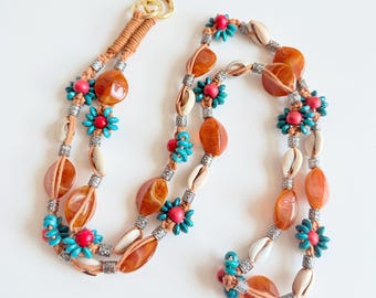 Boho Amber-Style Beaded Phone Strap: Turquoise Floral Crossbody Lanyard