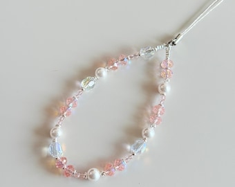 Crystal Phone Charm: Pink Beaded Phone Strap with Grey Pearls