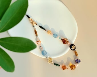 Vintage Boho Beaded Phone Charm: Czech Glass & Natural Stone Strap