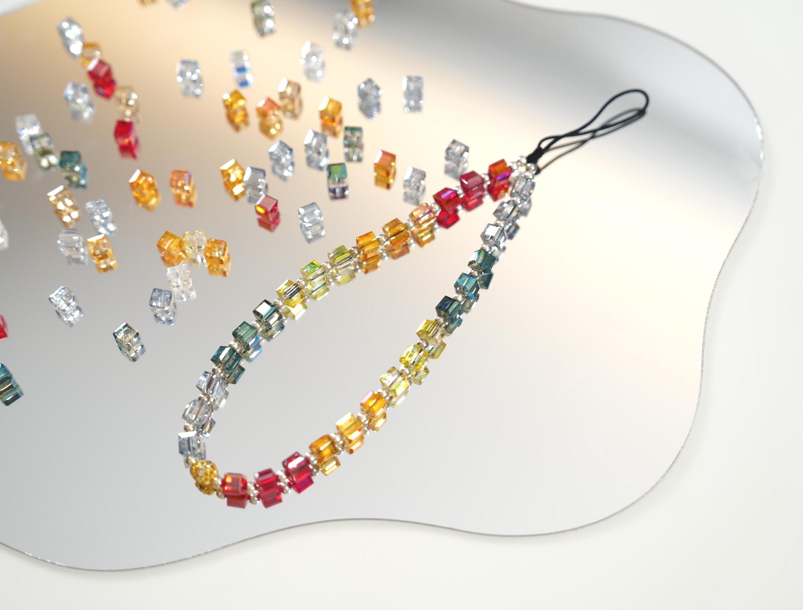 Rainbow Crystal Cube Phone Charm: Sparkling Beaded Phone Strap