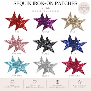 May include: A collection of star-shaped sequin iron-on patches displayed in nine colors: red, purple, gold, light pink, black, navy, light blue, silver, and dark pink. The text reads SEQUIN IRON-ON PATCHES STAR CHOOSE YOUR COLOUR and EASY IRON-ON APPLICATION.