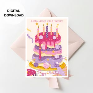 Printable Pink Happy Birthday Card for Her, Cute Girly Birthday Card, Digital Download Birthday Card, Instant Download, Coquette Printable