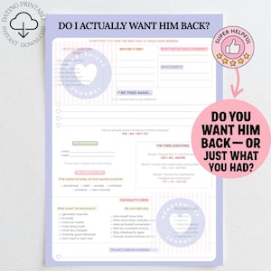 Puede incluir: Una hoja de trabajo imprimible titulada DO I ACTUALLY WANT HIM BACK? con un borde de color violeta claro. El documento incluye secciones de reflexión como WHY DID IT END, THE THREE QUESTIONS y THE REALITY CHECK, con casillas y líneas para escribir.