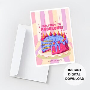 Gelukkige verjaardagskaart afdrukbare verjaardagskaart voor haar, verjaardagsfeestje kaart ontwerp, halverwege naar fantastisch, roze verjaardagskaart girly verjaardagskaart