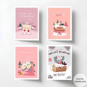Lot de 4 cartes de Noël à imprimer, cartes de vœux amusantes pour meilleur ami, cartes pour meilleure amie, cartes de voeux festives, lot de jolies cartes de vœux