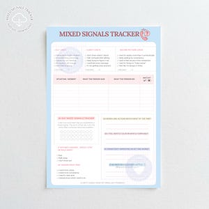 Könnte beinhalten: Ein hellblau-weißes, druckbares Tracker-Blatt mit dem Titel Mixed Signals Tracker und einem rosa Telefonsymbol. Es enthält Abschnitte zur Selbstüberprüfung, Klarheitsprüfung, Wartezeit-Analyse, ein Situationsprotokoll und Reflexionsfragen.