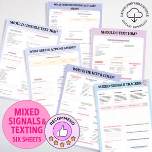 Op de afbeelding: Een set van zes printbare datingwerkbladen met lichtpaarse en blauwe randen. De pagina's bevatten titels zoals Should I Double Text Him, What Are His Actions Saying, Why Is He Hot & Cold en Mixed Signals Tracker met diverse checklists.