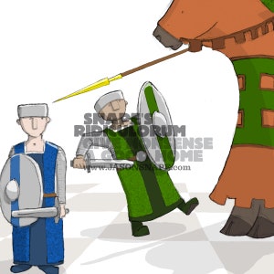 Könnte beinhalten: Zwei Comicfiguren in mittelalterlicher Kleidung stehen sich auf einem karierten Boden gegenüber. Die Figur links hält einen Schild und ein Schwert. Die Figur rechts hält einen Schild und einen Speer. Die Figur rechts trägt eine grüne Tunika und die Figur links trägt eine blaue Tunika.