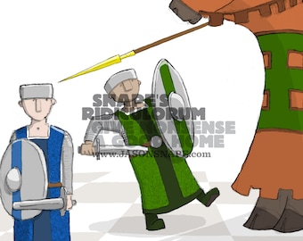 May include: Two cartoon figures in medieval garb are facing each other on a checkered floor. The figure on the left is holding a shield and sword. The figure on the right is holding a shield and spear. The figure on the right is wearing a green tunic and the figure on the left is wearing a blue tunic.
