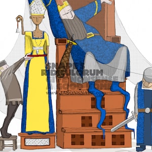 Könnte beinhalten: Ein König und eine Königin sitzen auf einem Thron, mit einem weißen Schleier, der über sie gelegt ist. Der König trägt eine blaue Robe und eine goldene Krone, während die Königin ein gelbes Kleid und eine Krone trägt. Eine Person in einer braunen Robe hält ein Tablett mit einem roten Gegenstand darauf, und eine andere Person in blauer Rüstung hält ein Schwert.