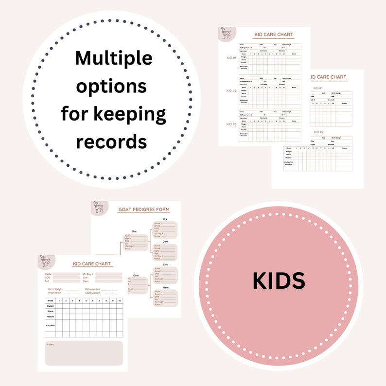 May include: Printable goat care charts and forms. Includes a kid care chart, an ID care chart, and a goat pedigree form. The charts are designed to help you keep track of your goats' health and growth. The forms are designed to help you keep track of your goats' lineage.