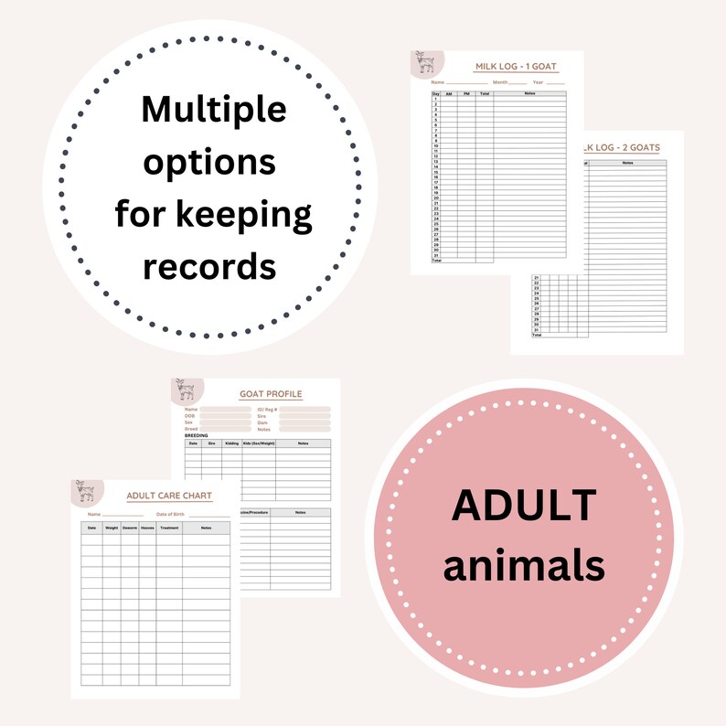 May include: A printable set of goat record keeping charts. The charts include a goat profile, adult care chart, and milk log. The charts are designed to help goat owners keep track of their goats' health, breeding, and milk production. The charts are in black and white with a light gray background.