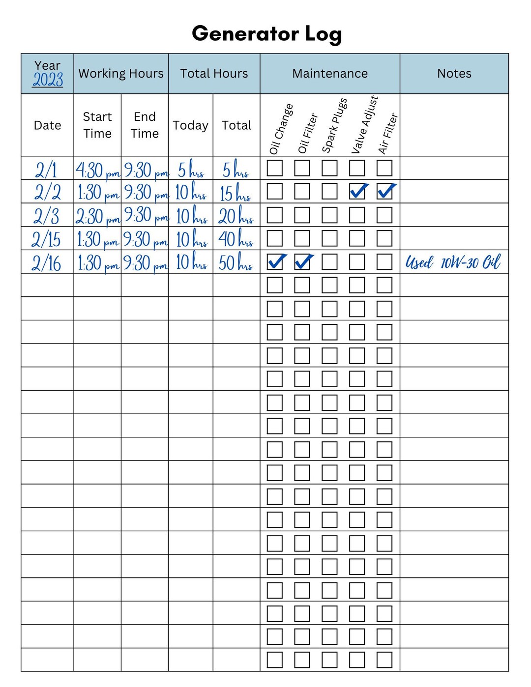 Off-grid Generator Log Track Maintenance and Running Hours - Etsy