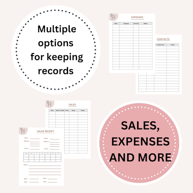 May include: A printable set of business record keeping templates. The templates include sections for sales, expenses, contacts, and sales receipts. The templates are designed with a simple, modern aesthetic and feature a goat logo.