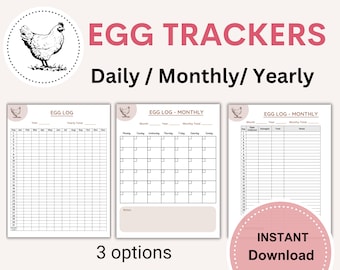 Puede incluir: Tres rastreadores de huevos imprimibles: un registro diario, un calendario mensual y un registro mensual con columnas para huevos recolectados, dañados y totales. Cada rastreador presenta una ilustración en blanco y negro de una gallina.