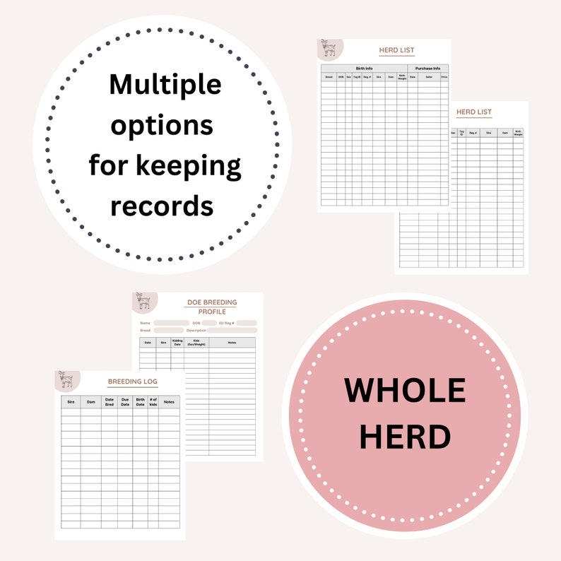 May include: A printable set of goat herd record keeping templates. The templates include a breeding log, doe breeding profile, and herd list. The templates are designed with a simple, modern aesthetic and feature a goat silhouette logo.