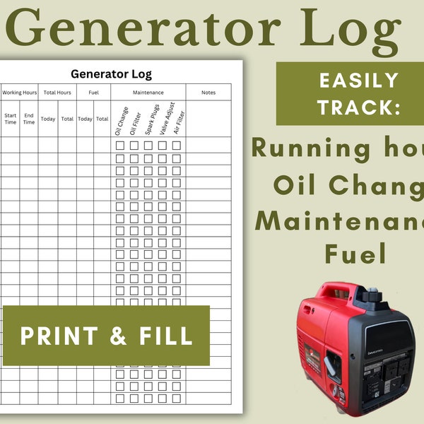 Off-Grid Generator Log | Track Maintenance and Running Hours - Print and Fill for Outdoor Nomad Travel