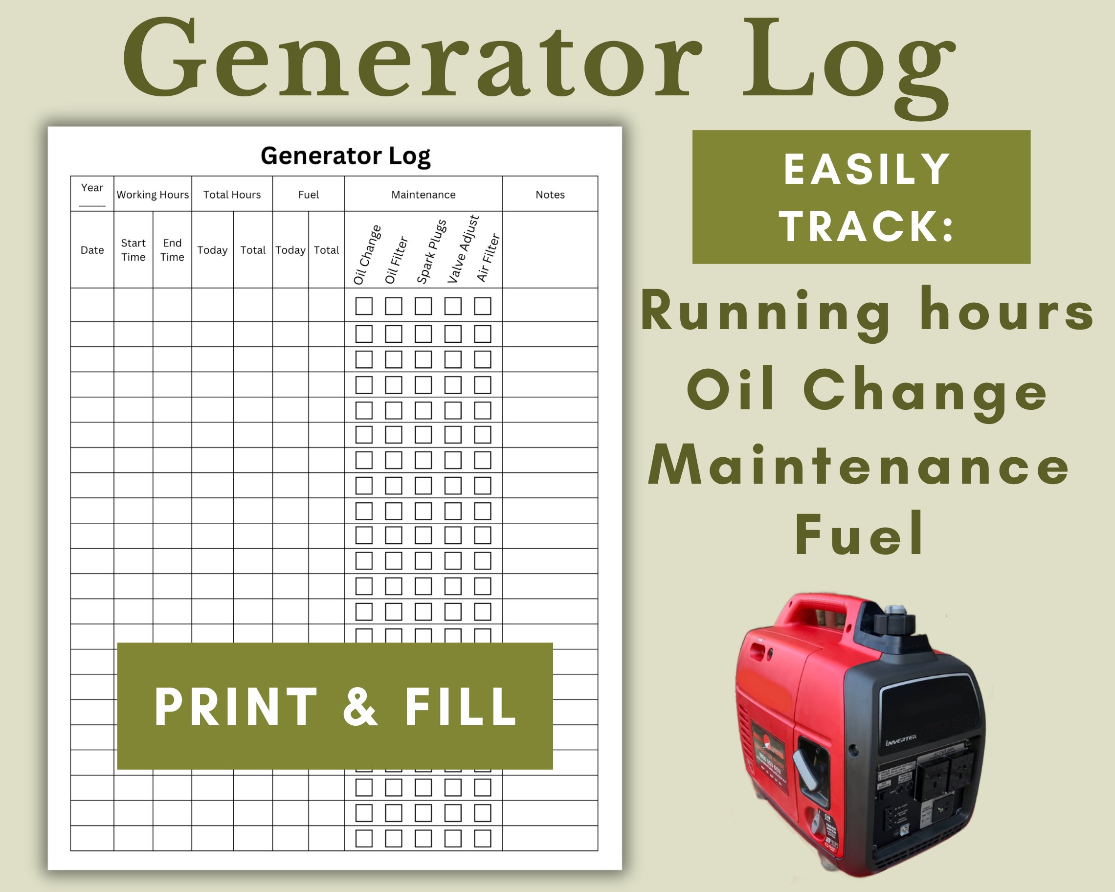 Off-Grid Generator Log | Verfolgen Sie die Wartung und die Betriebsstunden - Drucken und füllen Sie sie für Outdoor Nomad Travel