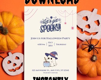 May include: A printable Halloween party invitation with a cute ghost illustration. The invitation says "Let's get spooky!" and includes the date, time, and location of the party. It also says "Wear best costume".