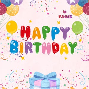 Puede incluir: Una colorida portada de libro para colorear con temática de cumpleaños con el texto "COLORING BOOK ACTIVITIES" y "HAPPY BIRTHAY" en letras de globo. La imagen incluye globos, confeti y cajas de regalo, creando un diseño festivo.
