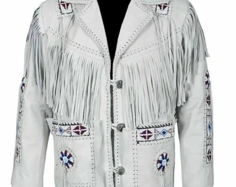 May include: White leather jacket with fringe and decorative beading. The jacket has a notched collar, two front pockets, and beadwork in red, blue, and white. It features a button closure and fringe along the chest and sleeves.