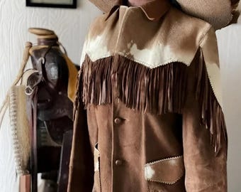 Vintage jack met rundleer en franje – western charro-suèdeleren jas