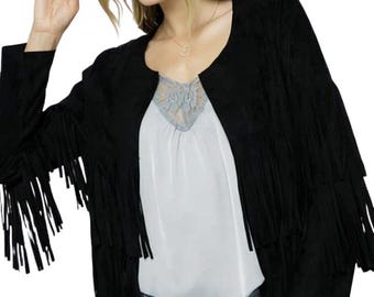 Black Suede Fringe Jacket: Western Boho Festival Style