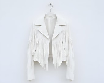 Vintage-Inspired White Suede Fringe Jacket – Western Boho Cropped Coat for Women