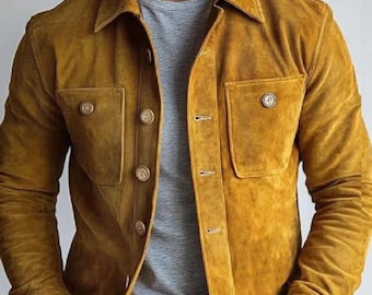 Men’s Suede Leather Trucker Jacket Genuine Leather Western Style, Vintage Tan Outerwear