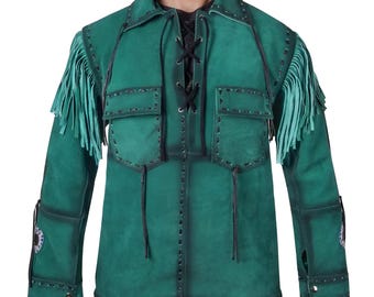 May include: A green suede jacket with fringe detailing on the shoulders and sleeves. The jacket features a lace-up front, two chest pockets, and decorative stitching. The cuffs have a button closure and a small circular emblem.
