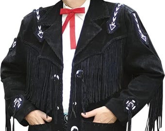 Men's Black Suede Fringe Western Jacket: Handmade Cowboy Rodeo Coat