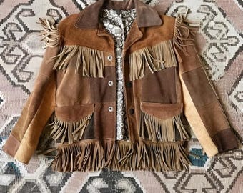 Veste western vintage en daim à franges - Style cow-girl des années 70