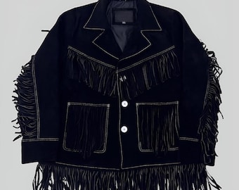 Jaqueta vintage de camurça com franjas, estilo boho western, anos 70.
