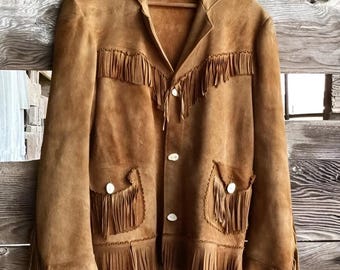 Kurtka zamszowa z frędzlami w stylu vintage: damska, kowbojka w stylu western z lat 70., prawdziwa skóra