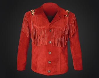 May include: Red suede jacket with fringe detailing across the chest and sleeves. The jacket features a notched collar, button-down closure, and decorative embellishments on the shoulders. A classic western-inspired garment.
