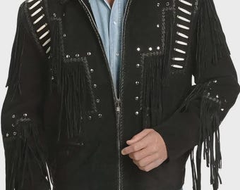 Men's Black Suede Fringe Western Jacket: Beaded Cowboy Style