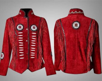 May include: A red suede jacket with fringe and decorative beadwork. The jacket has a high collar, braided trim, and white bead accents. The front and back of the jacket are shown, highlighting the intricate design.