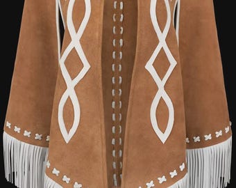 May include: A brown suede cape with white geometric designs and fringe trim. The cape features white arrow and infinity symbol patterns, with white stitching down the center and along the edges. The bottom edge has a white fringe.
