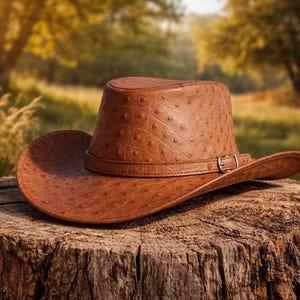 May include: A brown cowboy hat with a textured finish, resting on a tree stump. The hat features a wide brim, a structured crown, and a leather band with a silver buckle. The hat is a warm brown color.