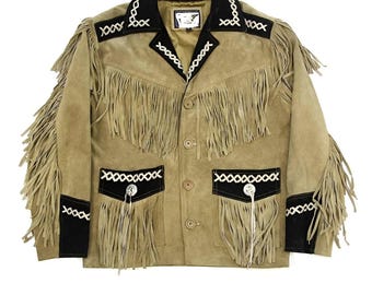 May include: Tan suede jacket with black and white embroidered detailing. Features fringe along the sleeves, chest, and pockets. The jacket has a button-up front and two front pockets with silver buttons.