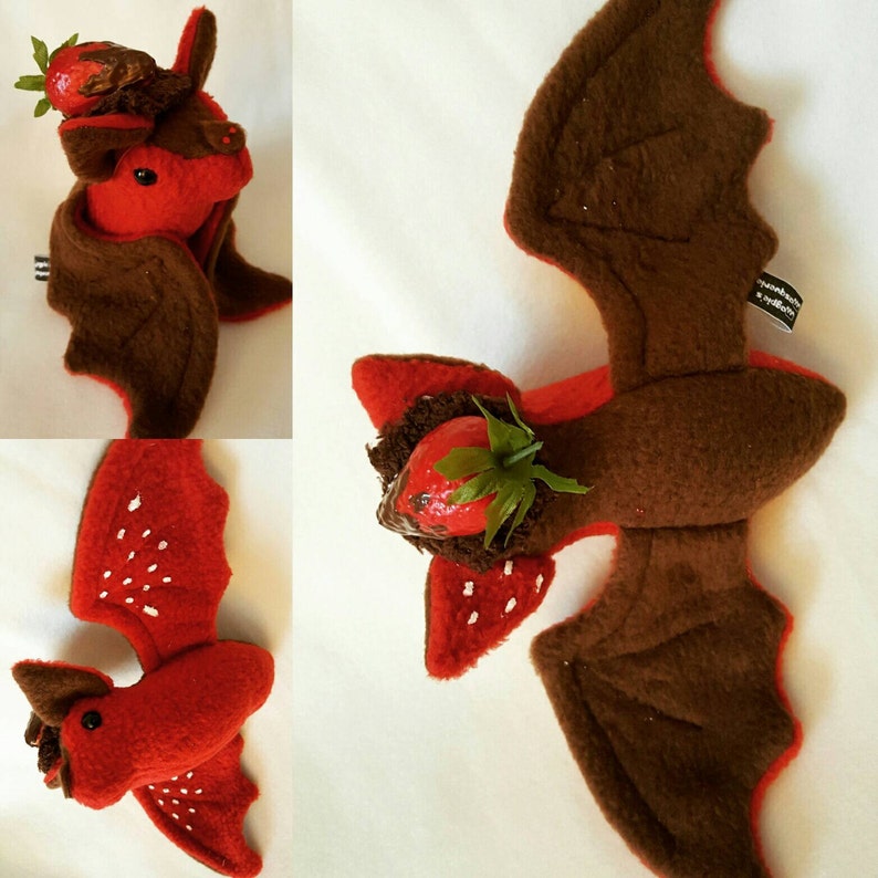 Chocolate Covered Strawberry Bat with Strawberry Hat Kawaii, plush, plushie, bat plush, strawberry image 1