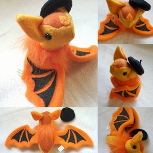 Painted Bat Plushie Kerivoula picta black and orange plush bat with removable beret hat image 1