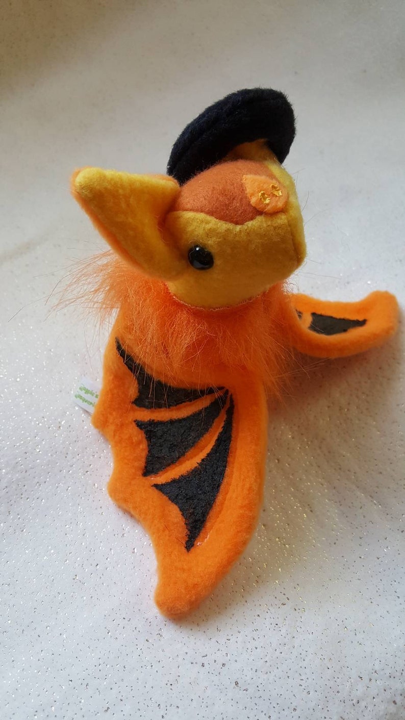 Painted Bat Plushie Kerivoula picta black and orange plush bat with removable beret hat image 7