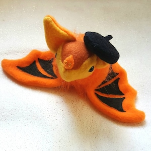 Painted Bat Plushie Kerivoula picta black and orange plush bat with removable beret hat image 2