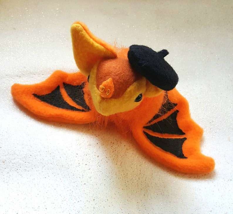 Painted Bat Plushie Kerivoula picta black and orange plush bat with removable beret hat image 2